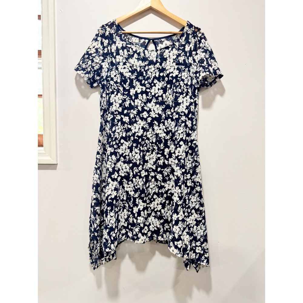Signature by Robbie Bee Navy Floral Lace Sharkbite Hem Keyhole Back Dress Size M